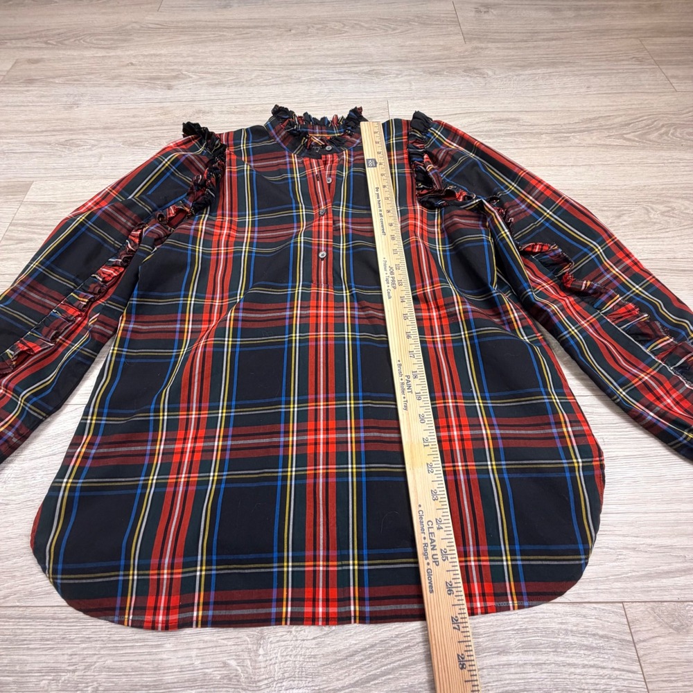J.Crew Womens Red Tartan Plaid Ruffle Trim Cotton Top‎ Long Sleeve Medium - Picture 5 of 9